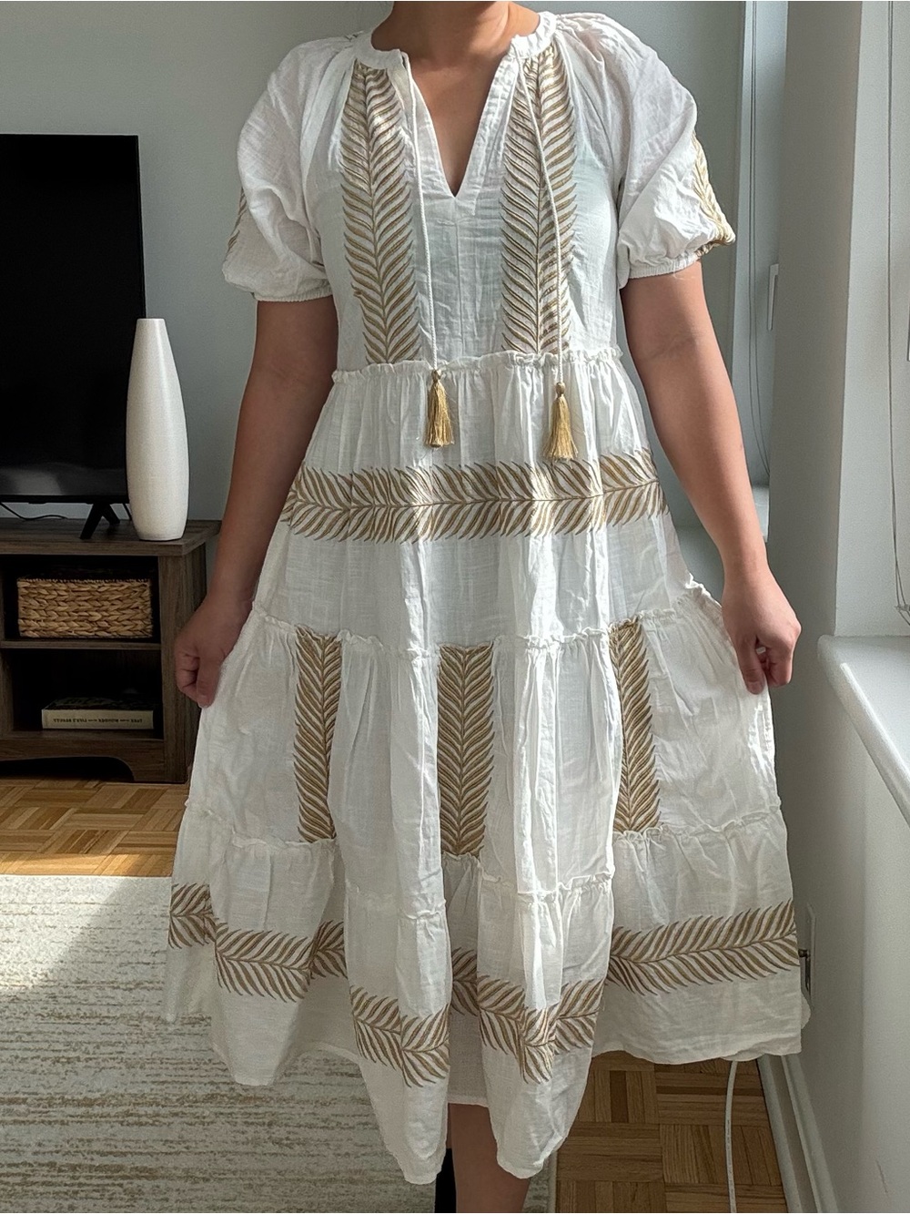 F&F White Midi Dress with Gold Leaf Embroidery